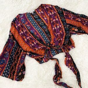 Patrons of Peace Boho Multicolor Floral Tie Cropped Top